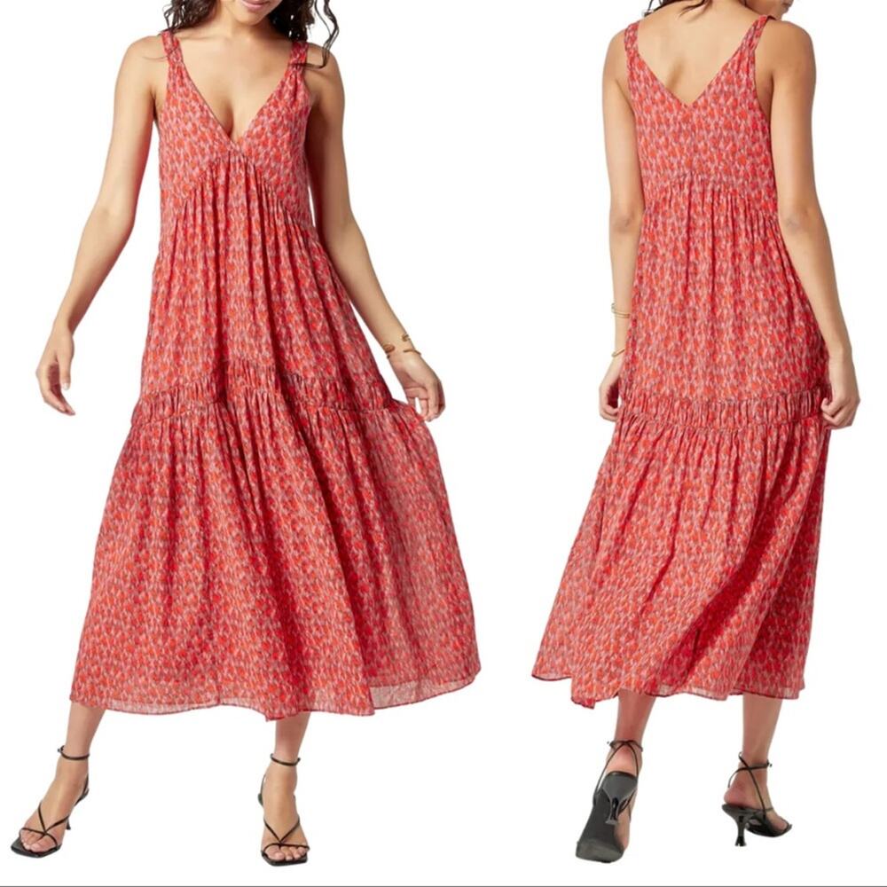 Joie Womens Plus Size Pink Red Tea Rose Printed Tiered Maxi Dress Size XXL